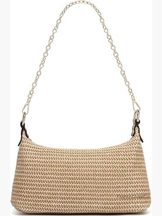 Handbags - Straw Woven Small Tote Shoulder Handbag with Chain Strap